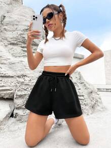 SHEIN EZwear Solid Drawstring Waist Track Shorts
