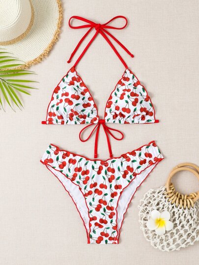 Triangle-Bikini mit Neckholder, Kirsche Muster,