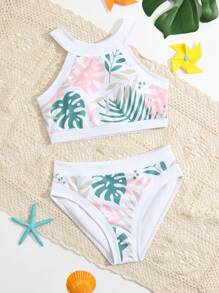 少女热带印花比基尼套装夏日海滩 - 白色 - 查看 1