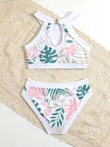 少女热带印花比基尼套装夏日海滩 - 白色 - 查看 2