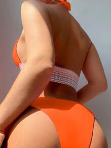 Conjunto de bikini de tirantes halter con cinta de contraste, traje de baño de verano para la playa - Naranja - Ver 2