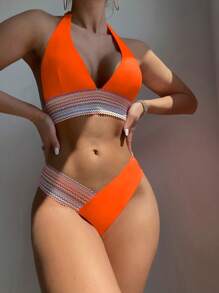 Conjunto de bikini de tirantes halter con cinta de contraste, traje de baño de verano para la playa - Naranja - Ver 4