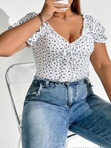 SHEIN EZwear Áo thun Plus size viền lá sen Thắt nút Gân đan Họa tiết hoa Giải trí - trắng - Xem 5