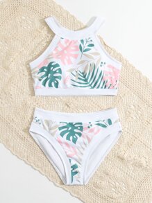 少女热带印花比基尼套装夏日海滩 - 白色 - 查看 4