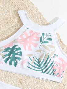 少女热带印花比基尼套装夏日海滩 - 白色 - 查看 5