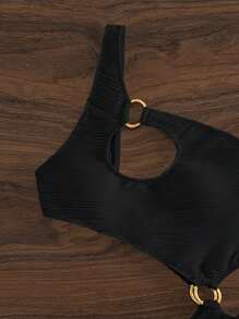 SHEIN Swim Fato de Banho de uma peça com recorte de verão e um ombro só com argola - Preto - Ver 3