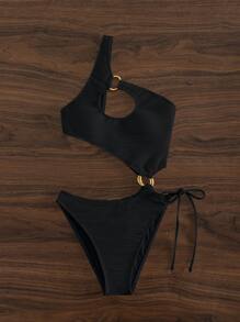 SHEIN Swim Fato de Banho de uma peça com recorte de verão e um ombro só com argola - Preto - Ver 5
