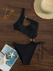 SHEIN Swim Fato de Banho de uma peça com recorte de verão e um ombro só com argola - Preto - Ver 6