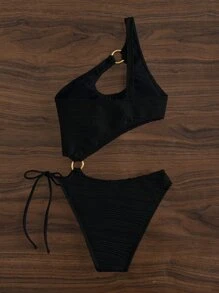 SHEIN Swim Fato de Banho de uma peça com recorte de verão e um ombro só com argola - Preto - Ver 7
