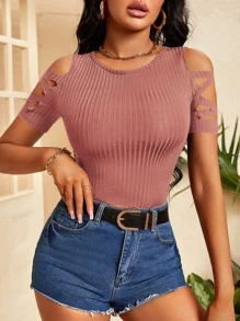 SHEIN SXY Criss Cross Cold Shoulder Tee - Redwood - View 1