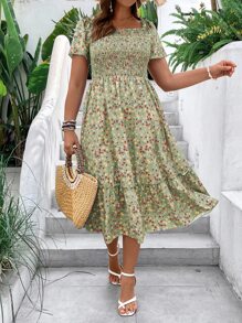 Breezaya Đầm Plus Size viền lá sen Viên lá sen Dải chun Họa tiết hoa Boho - màu xanh lá - Xem 1