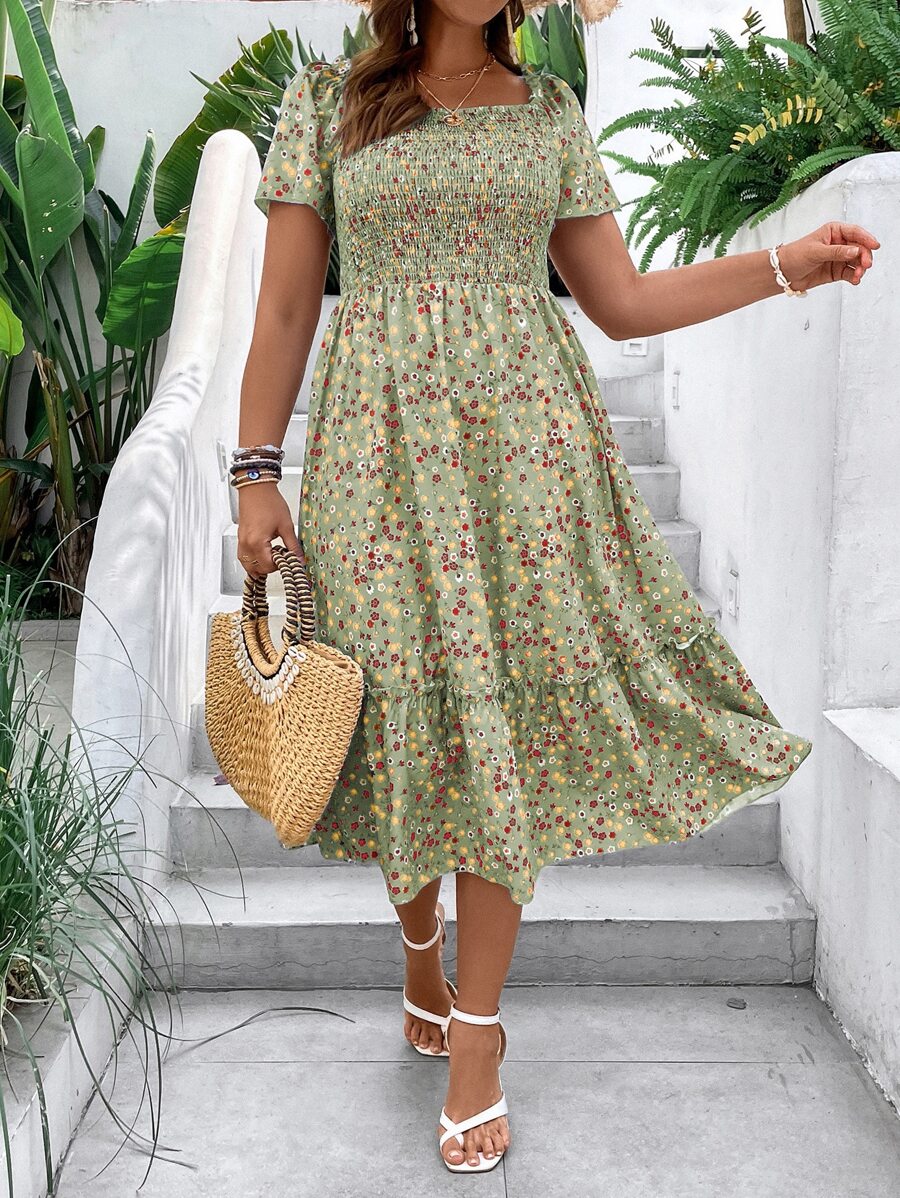 Breezaya Đầm Plus Size viền lá sen Viên lá sen Dải chun Họa tiết hoa Boho - màu xanh lá - Xem 1