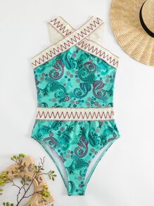 夏季佩斯利印花带交叉连体泳衣 - 薄荷藍 - 查看 3