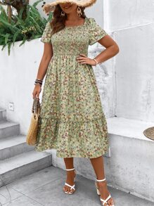 Breezaya Đầm Plus Size viền lá sen Viên lá sen Dải chun Họa tiết hoa Boho - màu xanh lá - Xem 3