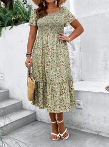 Breezaya Đầm Plus Size viền lá sen Viên lá sen Dải chun Họa tiết hoa Boho - màu xanh lá - Xem 4