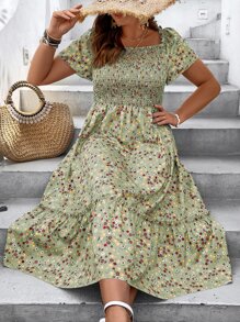 Breezaya Đầm Plus Size viền lá sen Viên lá sen Dải chun Họa tiết hoa Boho - màu xanh lá - Xem 6