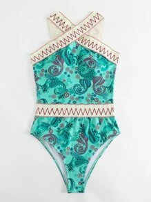 夏季佩斯利印花带交叉连体泳衣 - 薄荷藍 - 查看 6