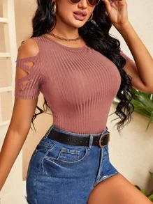 SHEIN SXY Criss Cross Cold Shoulder Tee - Redwood - View 4