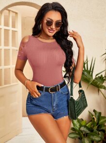 SHEIN SXY Criss Cross Cold Shoulder Tee - Redwood - View 5