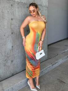 SHEIN SXY 紮染抹胸緊身連衣裙 - 黃色 - 查看 5