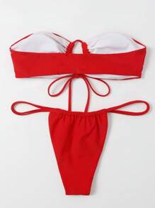 SHEIN Swim Bộ Bikini Nữ Cắt ra Thắt nút màu trơn - Đỏ - Xem 2