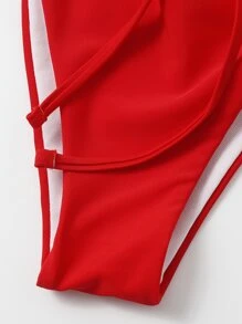 SHEIN Swim Bộ Bikini Nữ Cắt ra Thắt nút màu trơn - Đỏ - Xem 5