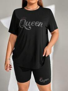 SHEIN EZwear Plus Letter Graphic Tee & Biker Shorts - Black - View 1