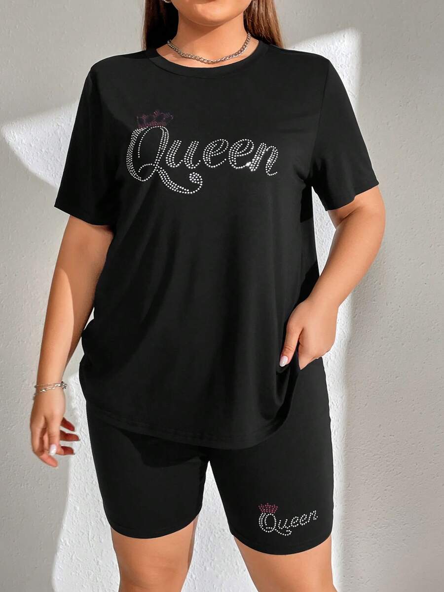 SHEIN EZwear Plus Letter Graphic Tee & Biker Shorts - Black - View 1