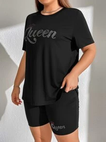 SHEIN EZwear Plus Letter Graphic Tee & Biker Shorts - Black - View 3