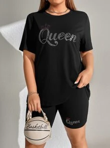 SHEIN EZwear Plus Letter Graphic Tee & Biker Shorts - Black - View 4