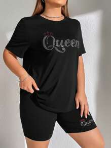 SHEIN EZwear Plus Letter Graphic Tee & Biker Shorts - Black - View 5