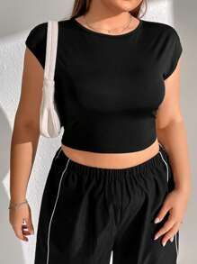 SHEIN EZwear Plus Solid Backless Crop Tee - Black - View 2