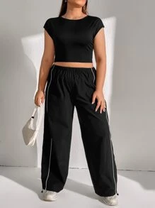 SHEIN EZwear Plus Solid Backless Crop Tee - Black - View 3