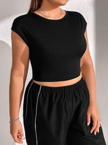 SHEIN EZwear Plus Solid Backless Crop Tee - Black - View 4