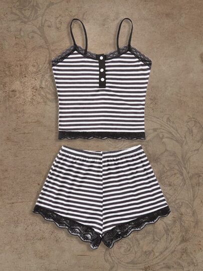 Striped Contrast Lace PJ Set