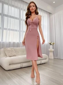 Knot Front Split Thigh Cami Nightdress - Dusty Pink - View 3