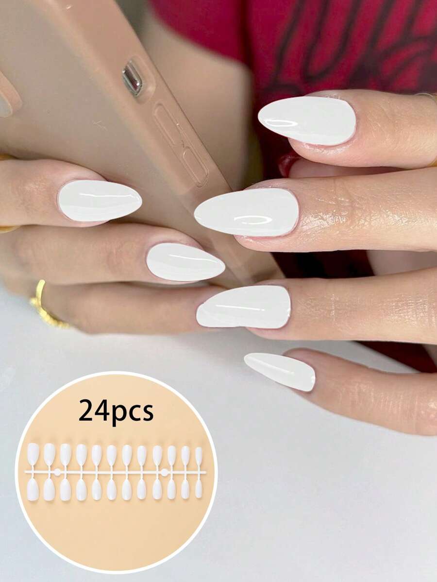 Upgrade Your Look With 24pcs Long Almond White Solid Fake Nail & 1pc Nail File & 1sheet Nail Tape Press On Nails Nail Supplies - White - View 1