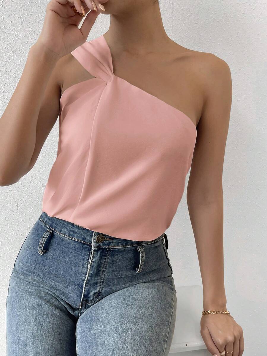 SHEIN Privé Áo sơ mi nữ xoắn lại màu trơn Giải trí - Hồng - Xem 1