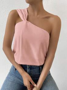 SHEIN Privé Áo sơ mi nữ xoắn lại màu trơn Giải trí - Hồng - Xem 3