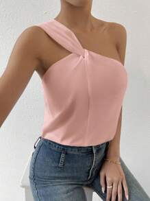 SHEIN Privé Áo sơ mi nữ xoắn lại màu trơn Giải trí - Hồng - Xem 4