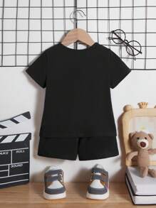 SHEIN Đứa bé trai Chi tiết Patched thư Áo thun & quần đùi - màu đen - Xem 2