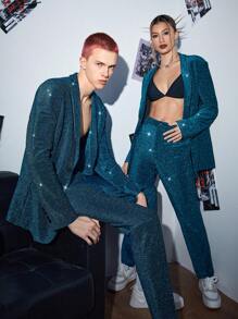SWAVVY 1pc Glitter Blazer & 1pc Pants - Teal Blue - View 5
