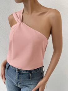 SHEIN Privé Áo sơ mi nữ xoắn lại màu trơn Giải trí - Hồng - Xem 6
