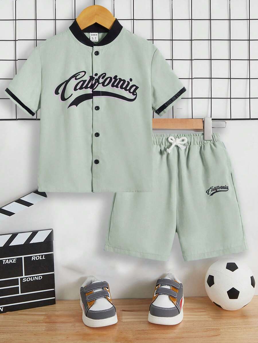 SHEIN 小男童字母圖案棒球領襯衫和短褲