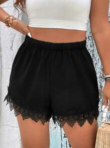 SHEIN Holidaya Shorts ribete con encaje en contraste - Negro - Ver 1