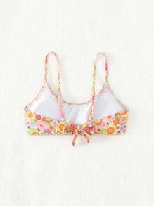 Swim Mod Summer Beach All Over Floral Print Smocked Bikini Top - Multicolor - View 3
