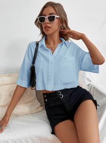 Chiquease Solid Drop Shoulder Pocket Patched Shirt - Blue - View 6