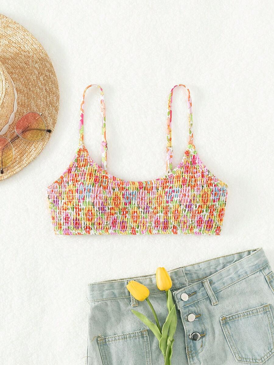 Swim Mod Summer Beach All Over Floral Print Smocked Bikini Top - Multicolor - View 1