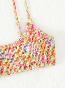 Swim Mod Summer Beach All Over Floral Print Smocked Bikini Top - Multicolor - View 6