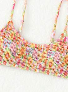 Swim Mod Summer Beach All Over Floral Print Smocked Bikini Top - Multicolor - View 7